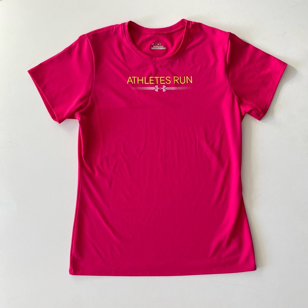 Under Armour Heat Gear Athletes Run Hot Pink Short Sleeve Shirt Size Small